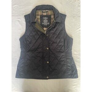 LL Bean Quilted Vest Plaid Womens Petite Small Nylon Dark Blue